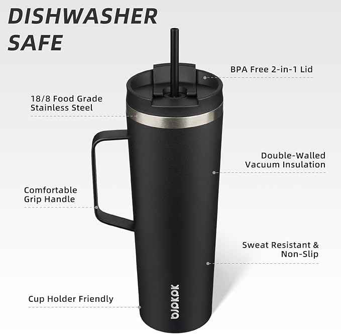 BJPKPK Insulated Tumbler with Handle, 30oz Insulated Tumblers with Lid and Straw, Stainless Steel Metal Water Bottles, Coffee Travel Mugs, Cups, Black