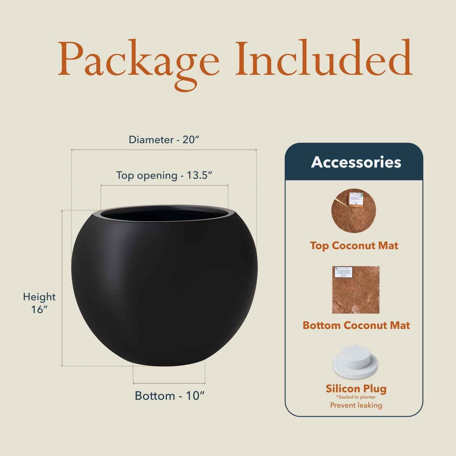 KUTE NEST 16" H x 20" D Premium Globo Fiberstone Round Planter with Drainage Hole, Smooth Finishes, Weather Resistant for Indoor and Outdoor Use, Included 2 Extra Coco Mats (Black, 13.5" Pot Opening)
