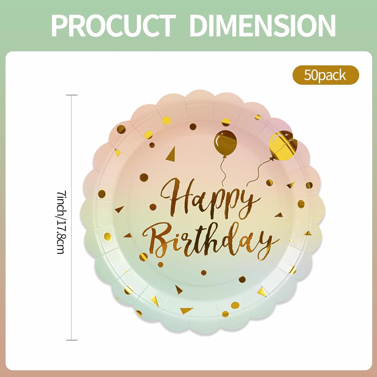 50PCS Pastel Rainbow Birthday Paper Plates, 7 Inch Disposable Happy Birthday Dessert Plates Cake Plate Scalloped Colorful Gold Dot Party Plate Aniversary Party Supplies Decorations for Boys Girls