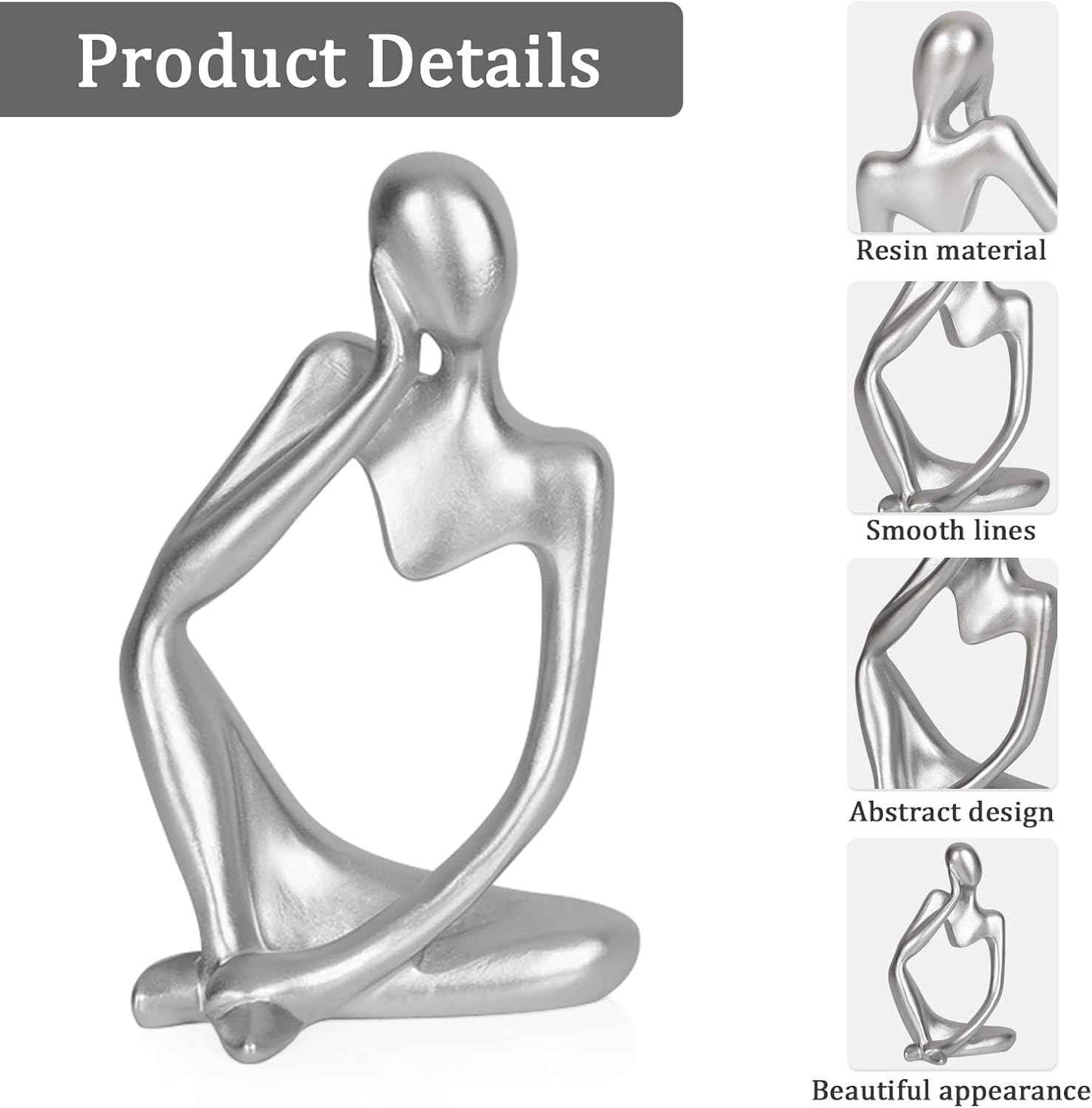 Sandstone Resin Thinker Style Abstract Sculpture Statue Collectible Figurines Home Office Bookshelf Desktop Decor (Small Silver, 3pcs)