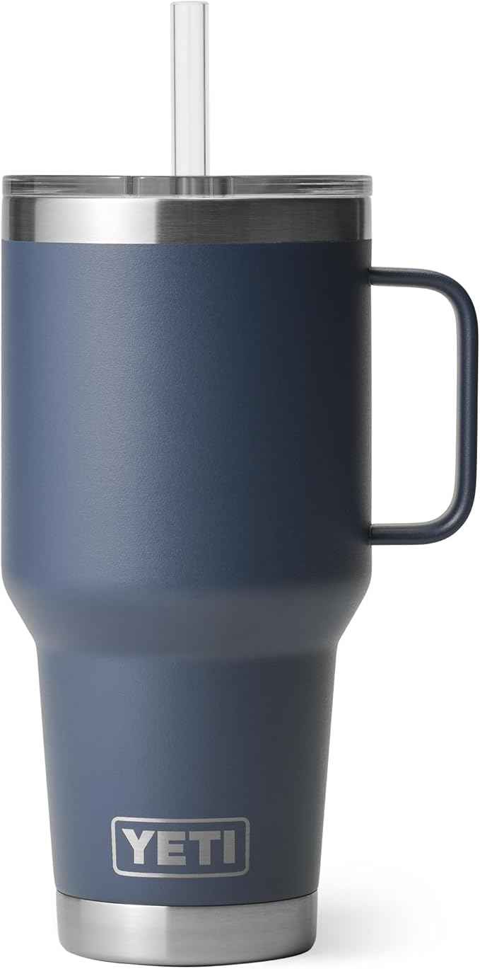 YETI Rambler 35 oz Tumbler with Handle and Straw Lid, Travel Mug Water Tumbler, Vacuum Insulated Cup with Handle, Stainless Steel, Navy