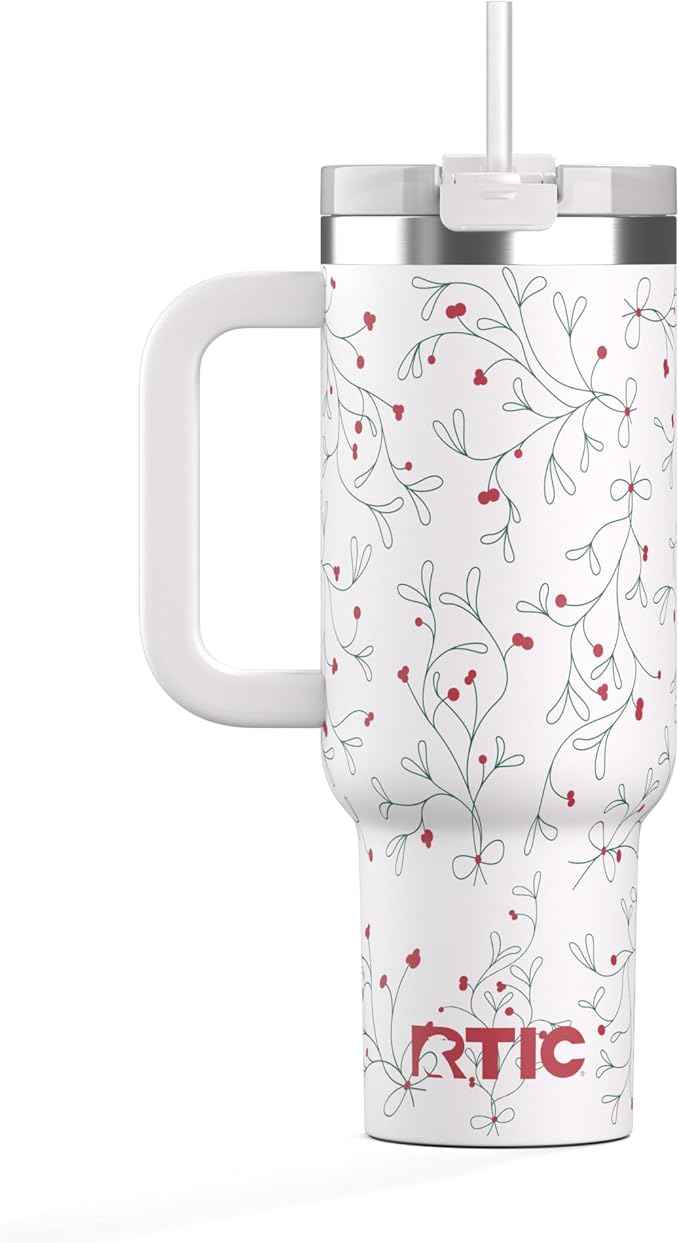 RTIC 40 oz Road Trip Tumbler Double-Walled Cermaic Lined Insulated Stainless Steel Portable Travel Coffee Mug Cup with Lid, Handle and Straw, Mistletoe