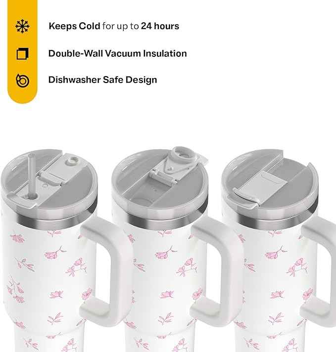 RTIC 40 oz Road Trip Tumbler Double-Walled Cermaic Lined Insulated Stainless Steel Portable Travel Coffee Mug Cup with Lid, Handle and Straw, Pink Magnolias