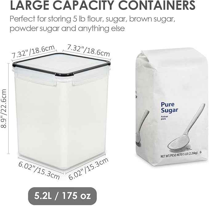 Vtopmart 4 PCS Large Food Storage Containers 5.2L / 175oz, 4 Pieces BPA Free Plastic Airtight Canisters for Flour, Sugar, Baking Supplies, Rice with Lids, 4 Measuring Cups and 24 Labels, Black