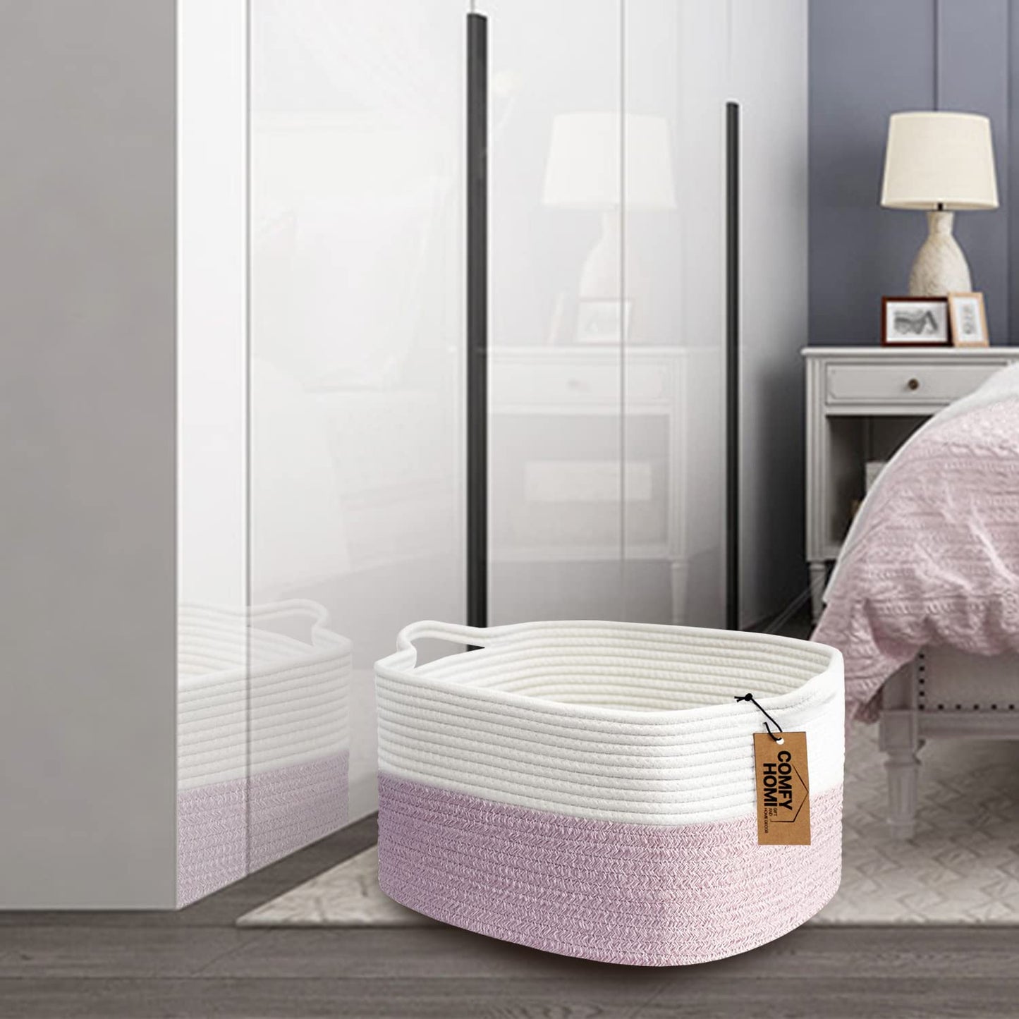 COMFY-HOMI Cotton Rope Woven Medium Basket with Handles for shelf，Cloth Storage Basket for Organizing-13.5X11X9.5 Storage Bin for Bedroom, Newborn or Infant Gift for boy girl （White/Pink）