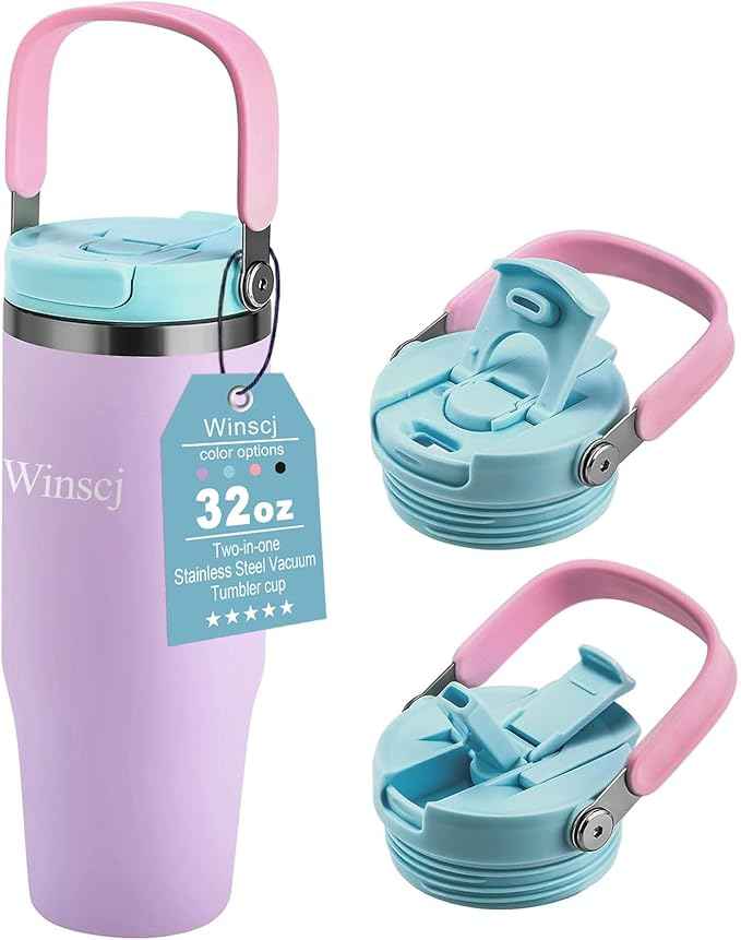 32 oz Tumbler with Handle and Flip Straw,Keep Cold or Hot,Fits in Cup Holder,Reusable Leak Proof Stainless Steel Vacuum Water Bottle,Suitable for Home Gym Trave, Easy to Carry(Purple)