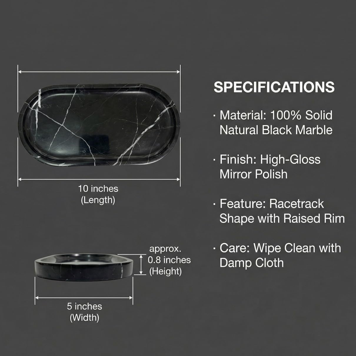 Black Marble Vanity Tray - 100% Natural Stone Bathroom Countertop Organizer for Perfume & Jewelry, 10" Heavy Rectangular Decorative Plate for Toilet Tank & Kitchen Sink, Polished & Non-Slip