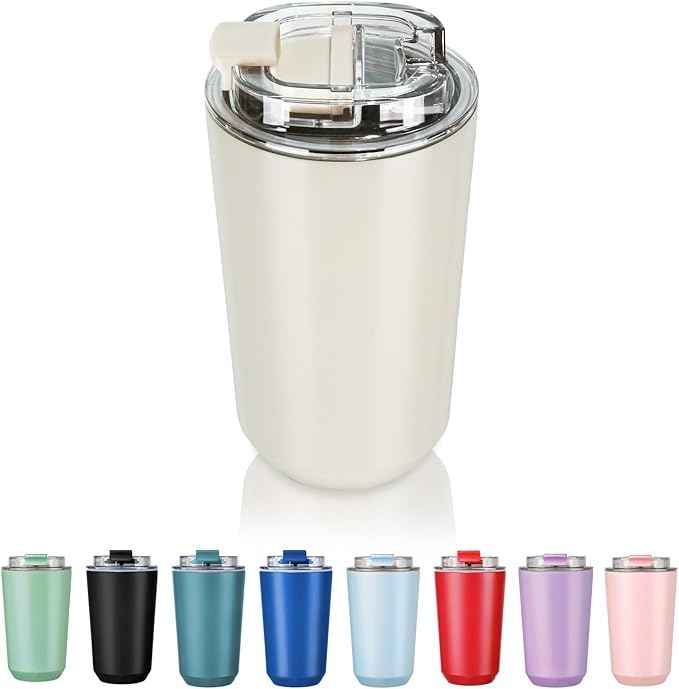 Puraville Insulated Tumblers with Lid, 14 oz Travel Coffee Mug Stainless Steel Vacuum Cup, Leak Proof Reusable Double Walled Coffee Tumbler for Iced and Hot Drinks, Cream