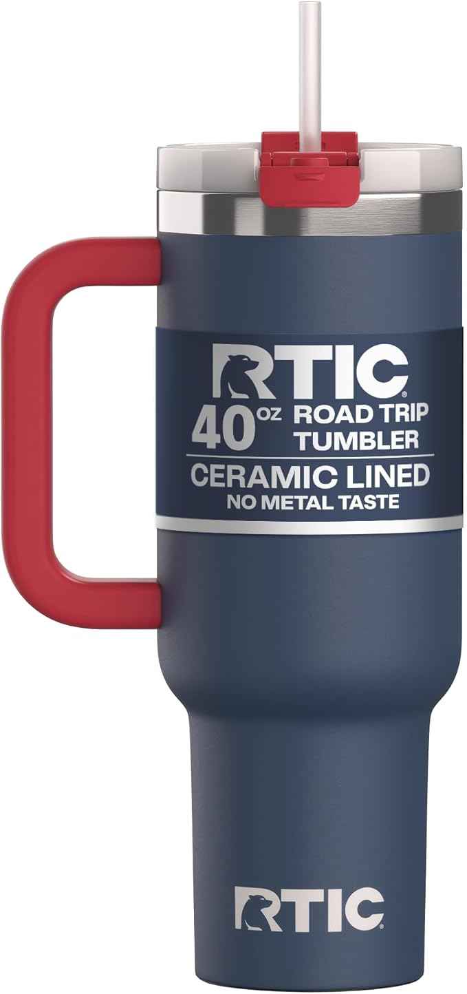 RTIC 40 oz Road Trip Tumbler Double-Walled Cermaic Lined Insulated Stainless Steel Portable Travel Coffee Mug Cup with Lid, Handle and Straw, Patriot