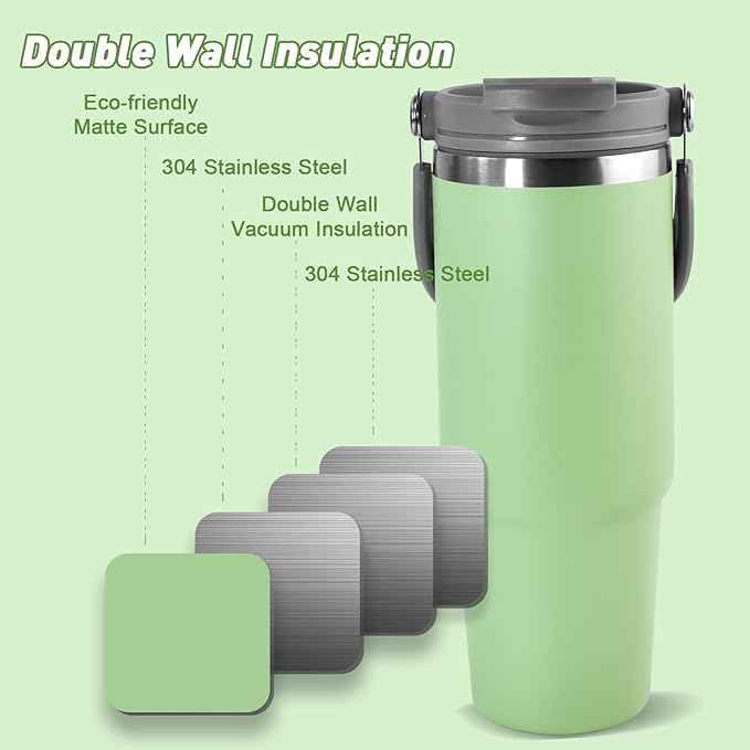 30 oz Tumbler with Handle and Straw Lid, Double Walled Vacuum Insulated Water Bottle Leakproof Tumbler Travel Coffee Mug Thermal Cup, Cupholder Friendly for Office, Home, Sport, Green