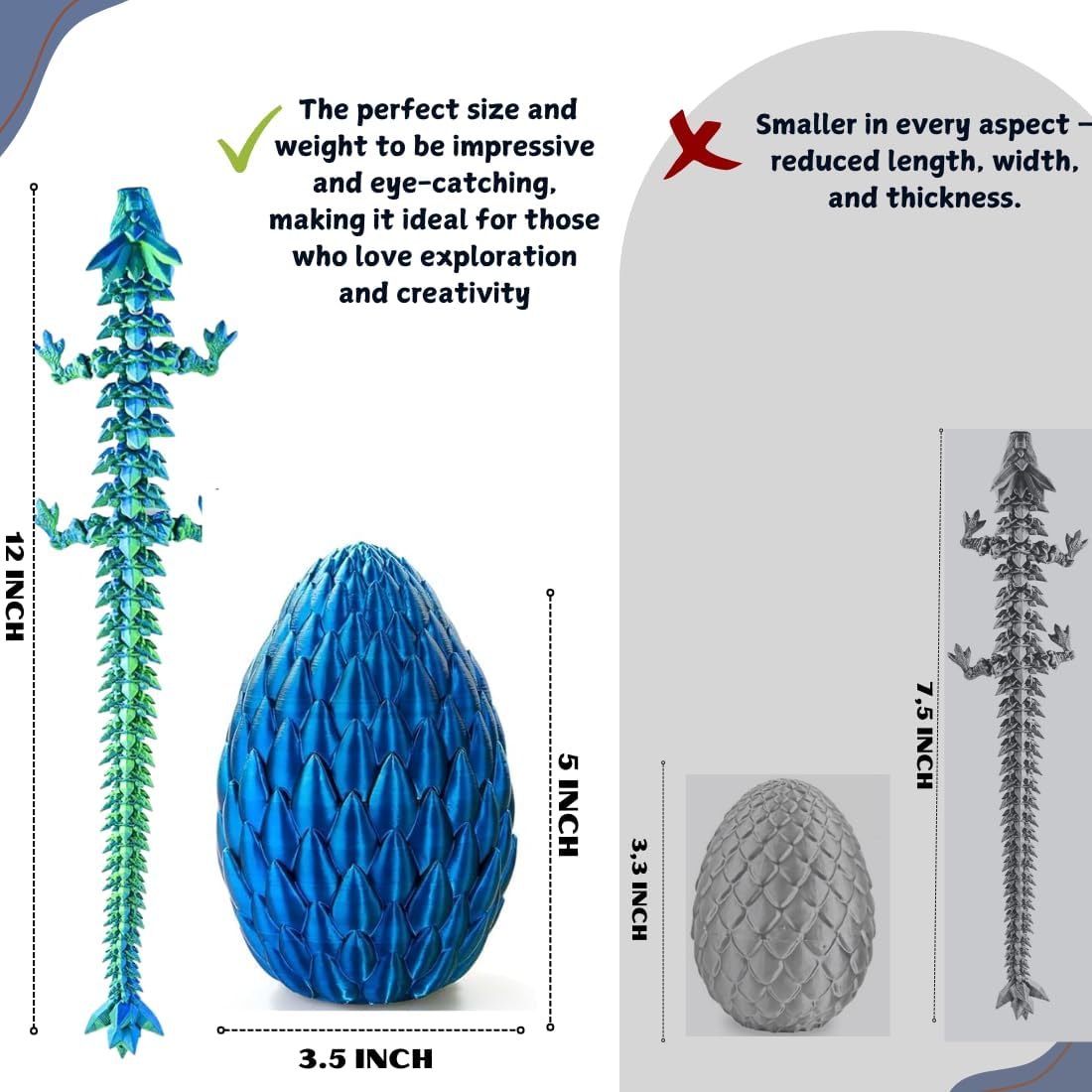 POIVOCF3D Printed 12” Articulated Crystal Dragon Inside 5.1” Egg – Fantasy Collectible, Fidget Toy & Stocking Easter Basket Stuffers for Home & Office Decor (Laser Blue)