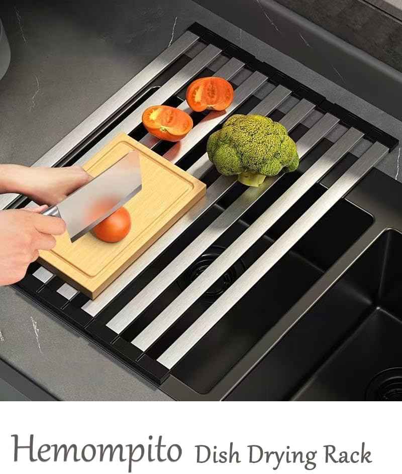 17.72" Dish Drying Rack Over the Sink, 1.28lb Heavy-Duty 304 Stainless Steel, Non-Slip Silicone Edges, Folding Space-Saving for Home & RV Kitchen, Dish Drainer, Cooling Rack & Sink Cover