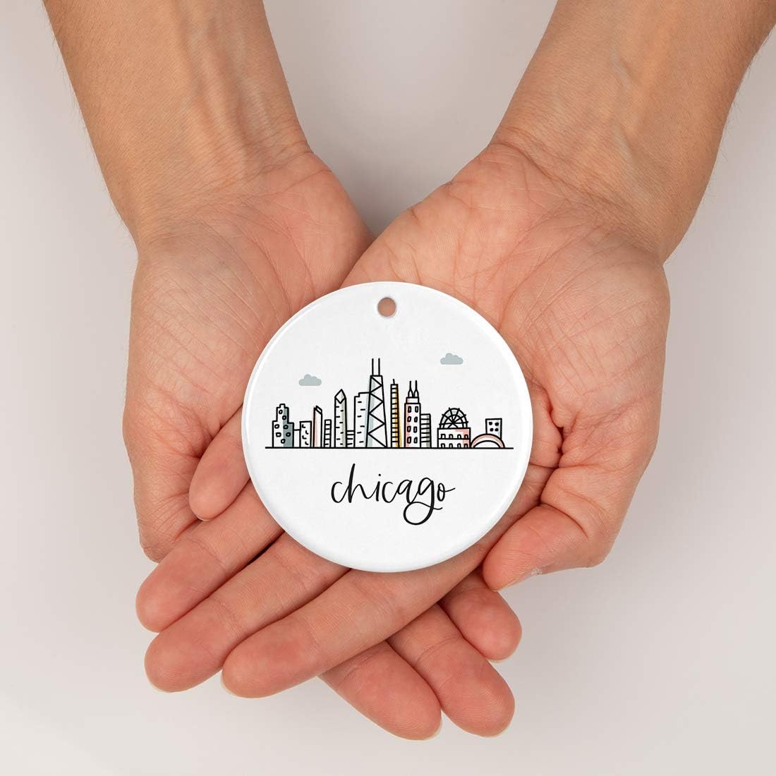 Andaz Press Round Ceramic Porcelain Christmas Tree Ornament Keepsake, Chicago Colorful City Skyline Graphic, 1-Pack, Birthday Gift Ideas Family Coworker Him Her, Includes Gift Box