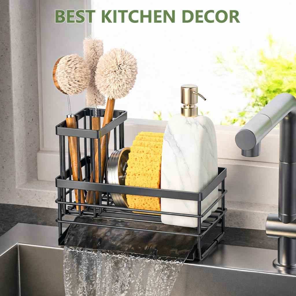 Cisily Sink Caddy Sponge Holder for Kitchen with Brush Holder and Stainless Steel Self Drain Tray, Rustproof Kitchen Sink Organizer for Sponge, Soap Dispenser Storage Accessories (Gray)