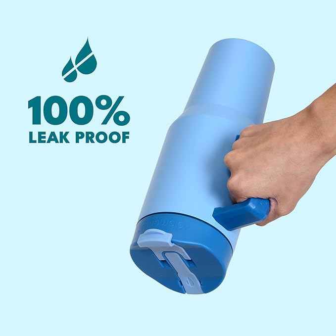 Elemental 32 oz 100% Leak Proof Tumbler with Handle & Straw - Stainless Steel Double Wall Insulated Tumbler for Hot and Cold Beverages - Travel Coffee Mug with Sip & Straw Lid - Ocean Blue