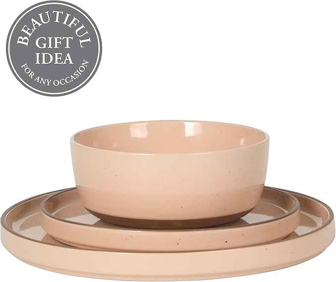 Gibson Elite Northrock Stoneware Dinnerware Set, 12-Piece Service for 4 Plates and Bowls Set – Pink Dishes with Hand-Painted Terracotta Base