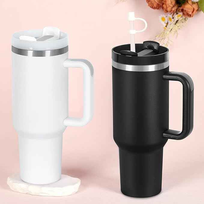4 Pack 40 Oz Tumblers with Handle Bulk, Double Wall Vacuum Insulated Stainless Steel Tumblers with Lid and Straw, 40 oz Cups with Silicone Spill Proof Stopper Set (Black-2,White-2)