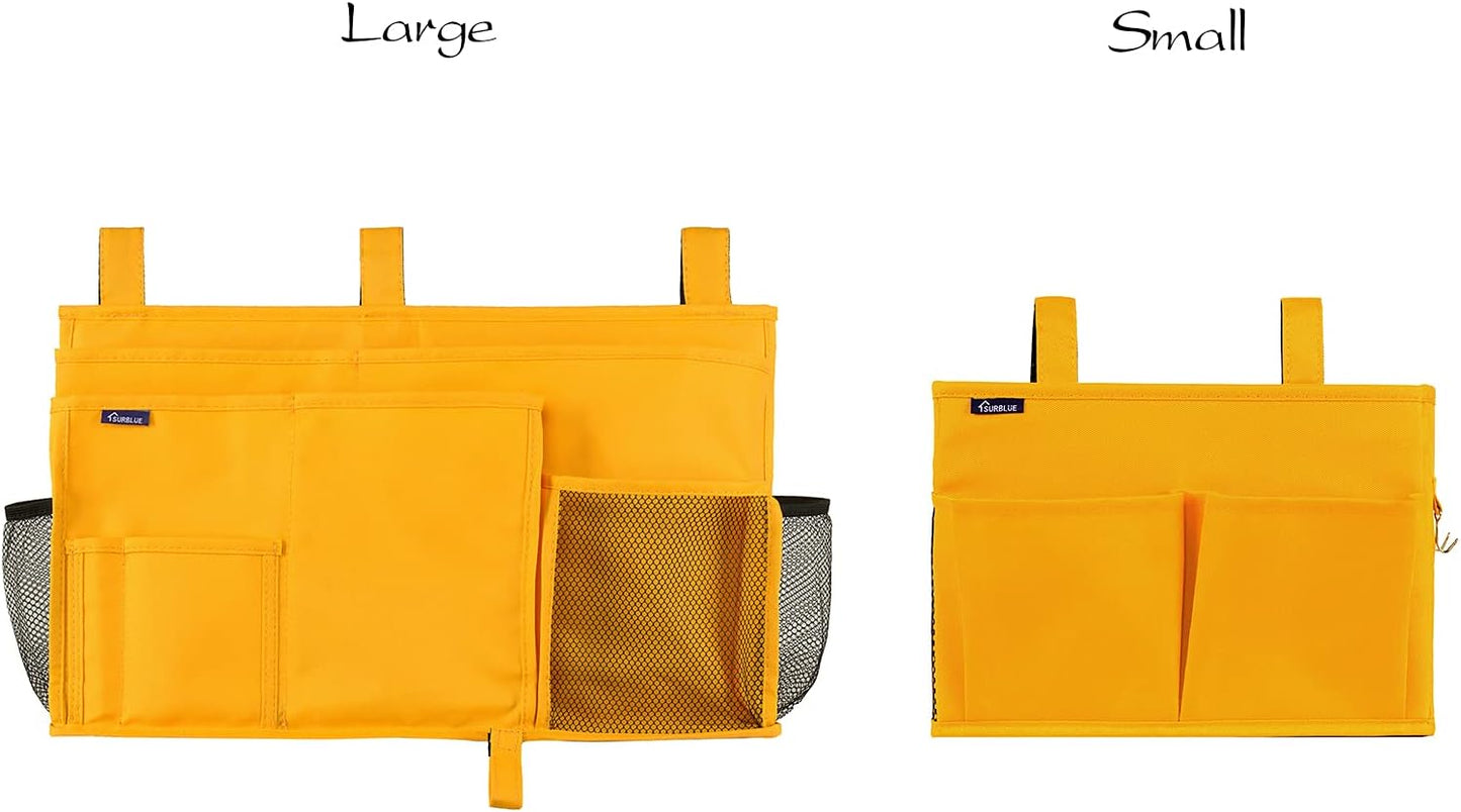 Surblue Bedside Caddy Hanging Bed Organizer Storage Bag Pocket for Bunk and Hospital Beds, College Dorm Rooms Baby Bed Rails, Camp 4 Pockets and 2 Hooks (Small, Yellow)