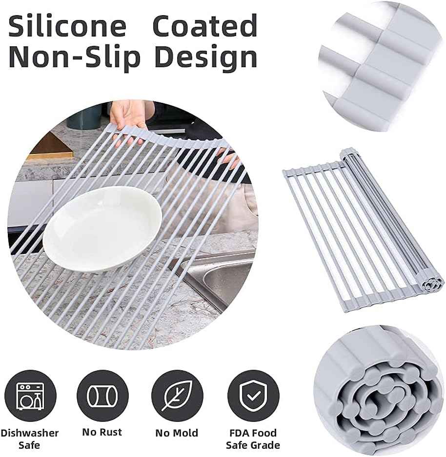 20.5 inches L x 13 inches W Roll-Up Dish Drying Rack Large Over The Sink , Heat-Resistant Anti-Slip Silicone Coated Stainless Steel Dish Drainer Multipurpose for Kitchen Counter, Gray