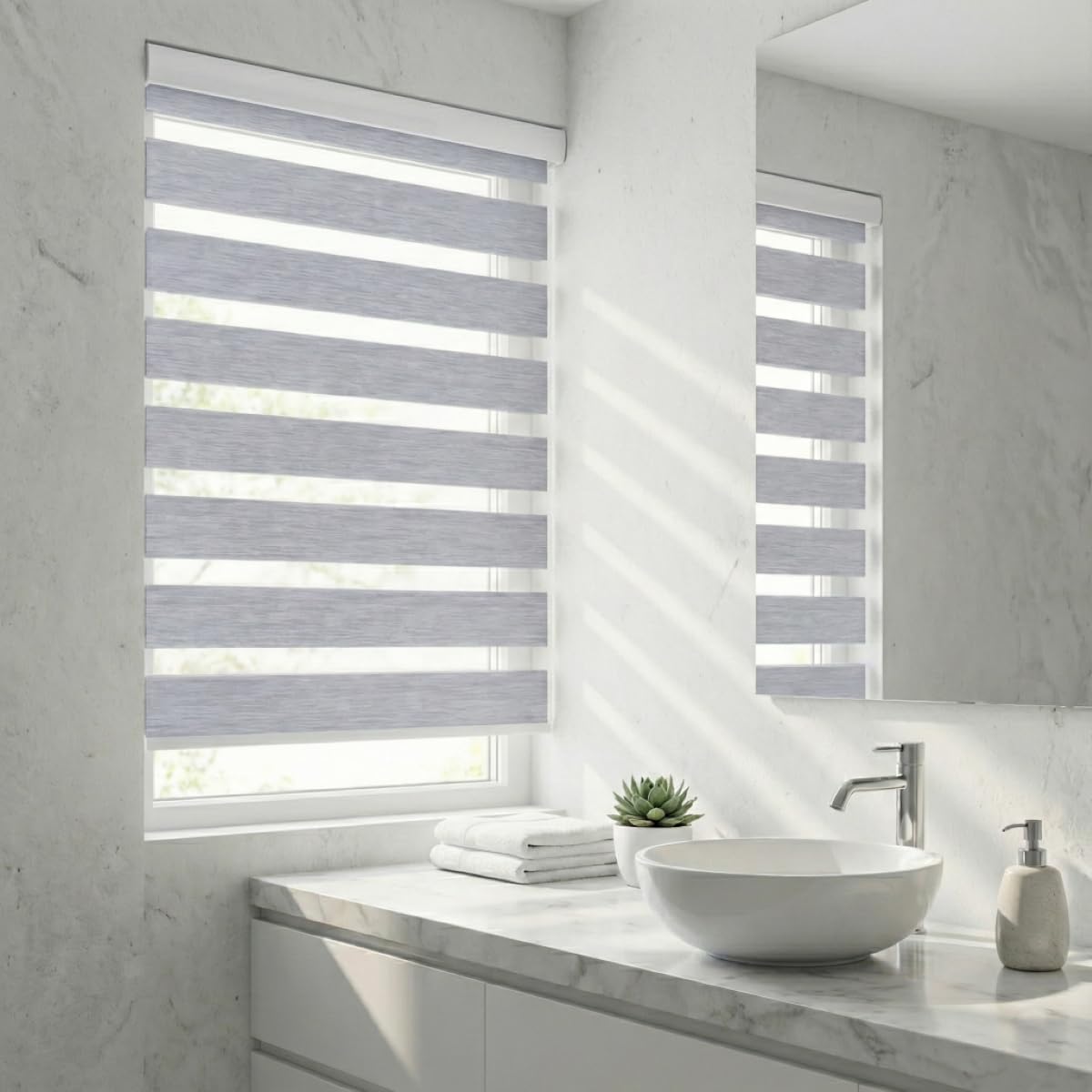 ShadesU Cordless Zebra Blinds – Light Filtering Dual-Layer Window Shades for Privacy (Grey Color) (Maximum Height 72") (Width 73")