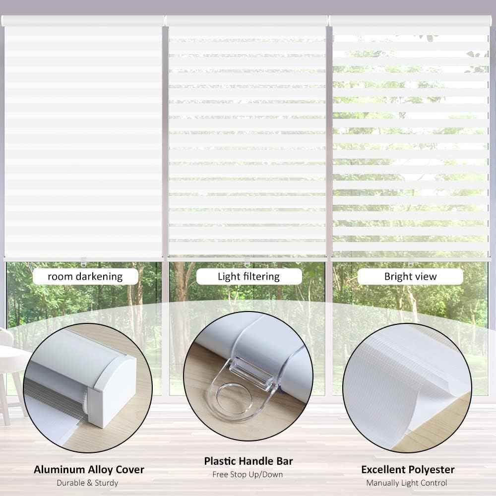 LUCKUP Cordless Zebra Blinds Roller Shades for Window-Dual Layer Sheer Blinds Light Control with Valance Day Night Privacy Light Filtering Fabric, 38" W x 72" H, White
