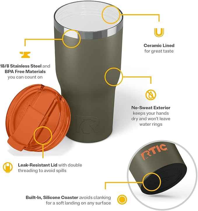 RTIC 30oz Essential Tumbler with Lid, Ceramic Lined, Insulated, Stainless Steel, Metal, Double Wall Vacuum-Insulation, Travel Cup for Iced Coffee, Tea, Hot and Cold Drink, Trailblazer