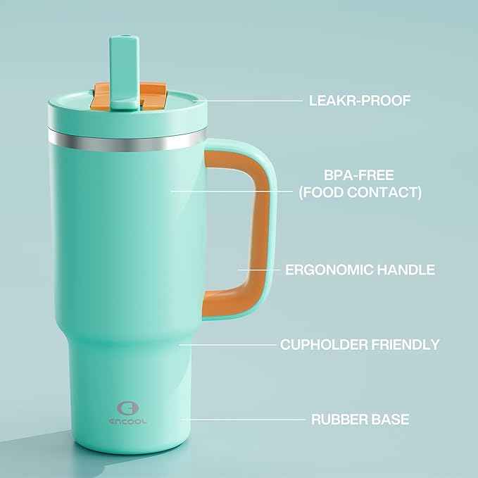 ENCOOL 32 oz Tumbler with Handle and Straw: Stainless Steel Insulated Tumbler Keeps Cold for 24 Hours, Leakproof Travel Cup Fits in Cup Holder and BPA-Free,Soft Cyan