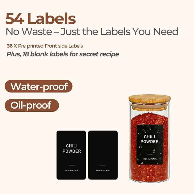 ComSaf Spice Jars with Label 4oz 16 Pack, Glass Spice Jars with Bamboo Lid, Mini Seasoning Containers with 54 Black Labels, Stackable for Kitchen, Pantry Organization, Loose Tea, Herbs, Powders, Salt