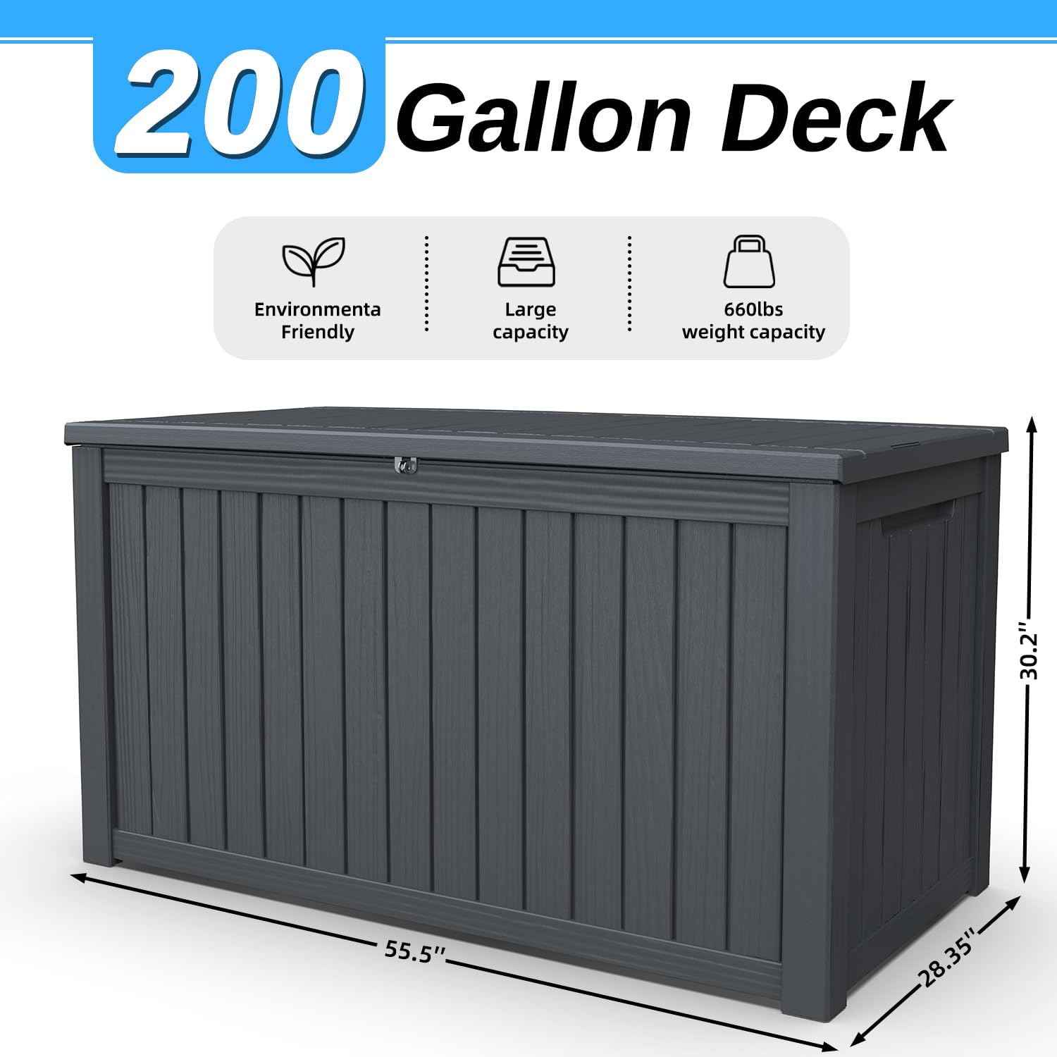 200 Gallon Deck Box, Resin Outdoor Waterproof Storage Box, Lockable Storage Box With Handle for Patio Furniture - Garden Tools - Swimming Pool Tools UV Resistant, Black - 200