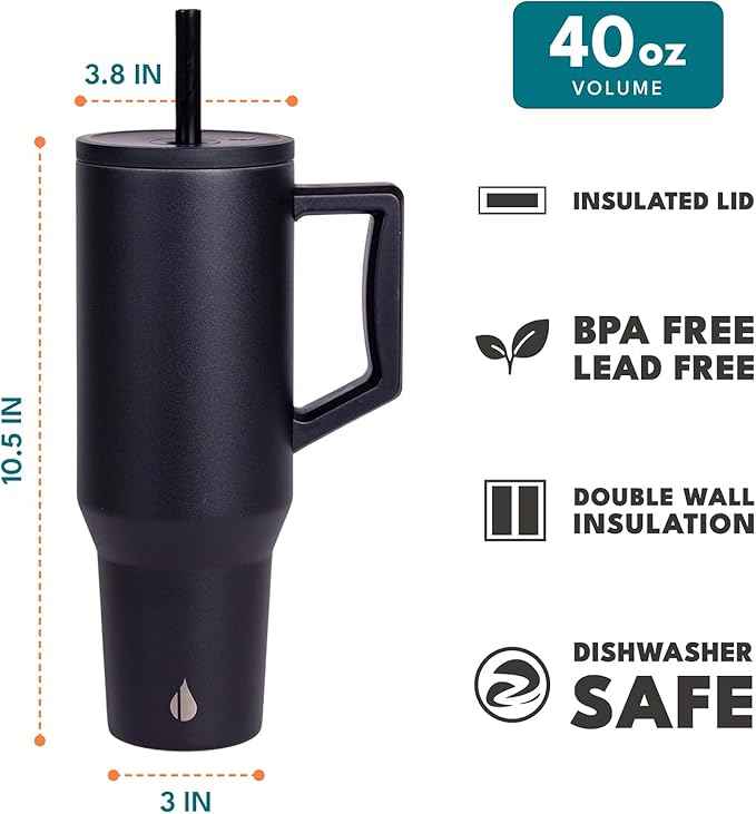 Elemental 40 oz Tumbler with Handle and Straw - Spill Proof Insulated Stainless Steel Commuter for Cold Beverages - Travel Coffee Mug with 2 Straws & Spill Proof Lid - 40oz - Black