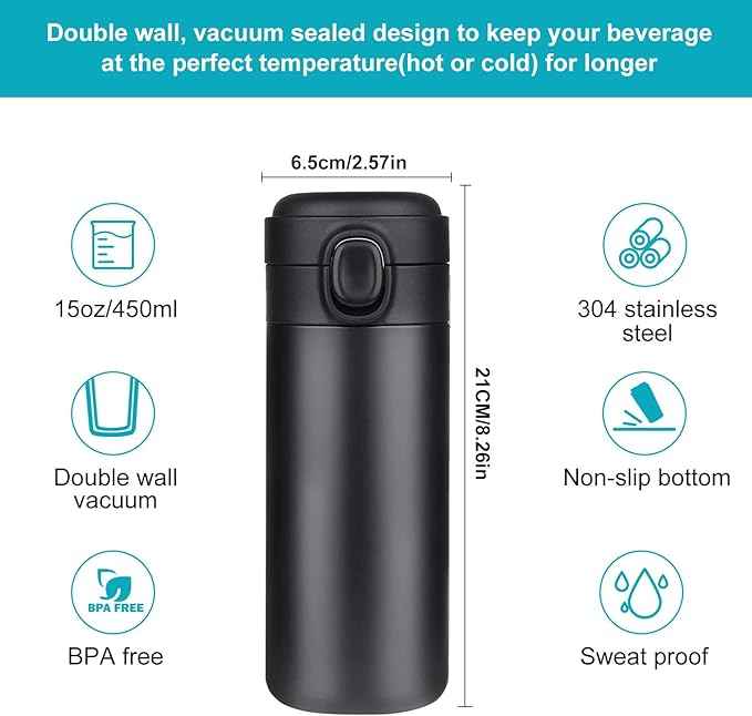 YINJAM Insulated Travel Water Bottle Metal Coffee Cup Mug Stainless Steel Reusable Flask Tumbler for Men Women Gym Hiking Sports (Black, 15 Oz)