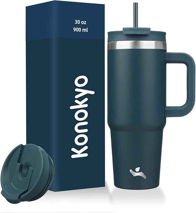 Konokyo 30 oz Tumbler with Handle and 2 Straws,2 in 1 Lid Insulated Water Bottle Stainless Steel Travel Coffee Mug,Navy blue