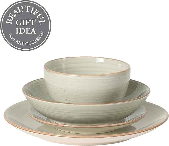 Gibson Home Stonebury 16 Piece Plates and Bowls Cream Grey Dishes - Handpainted Stoneware Dinnerware Set - Service for 4