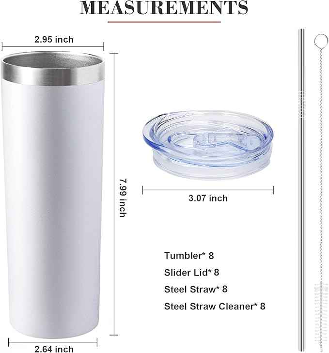 20 oz Skinny Tumblers with Lid and Straw,Stainless Steel Vacuum Insulated Tumbler Cup Double Wall Travel Coffee Mug, Thermal Water Tumbler for Hot and Cold Drinks(White,8)