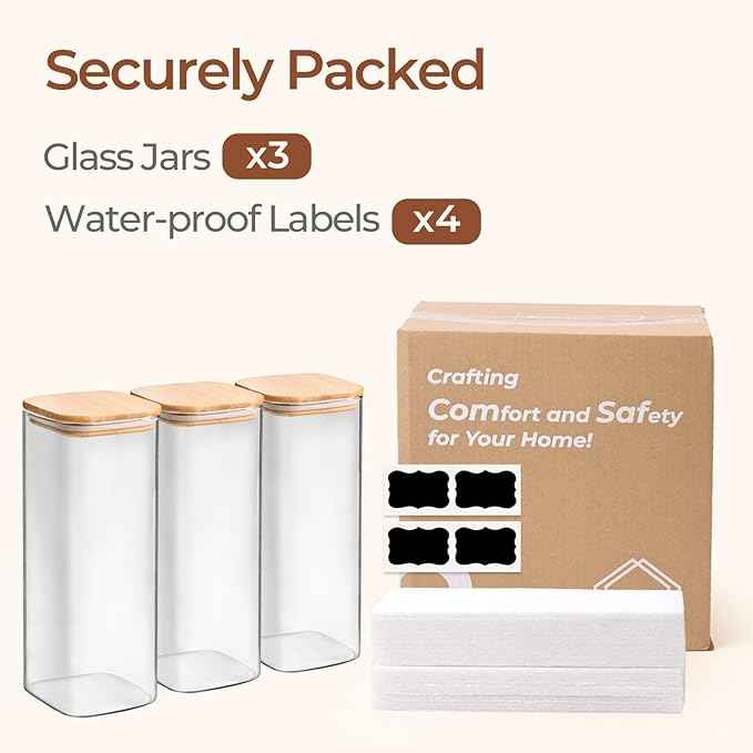 ComSaf 1.9 Qt Glass Storage Containers with Lids, Glass Jars with Lids, Clear Food Storage Jar, Square Canister Set of 3, Pantry Organizers and Storage for Flour Rice Pasta Tea Coffee Bean