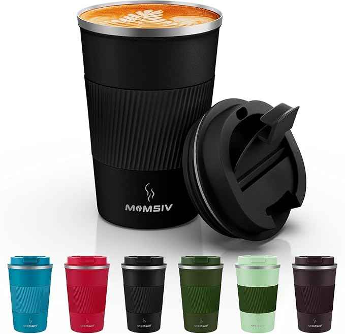 MOMSIV 12oz Travel Mug, Insulated Coffee Cup with Leakproof Lid, Vacuum Stainless Steel Double Walled Reusable Tumbler for Hot and Cold Water Coffee and Tea In Travel and Car (Black - 380ml)