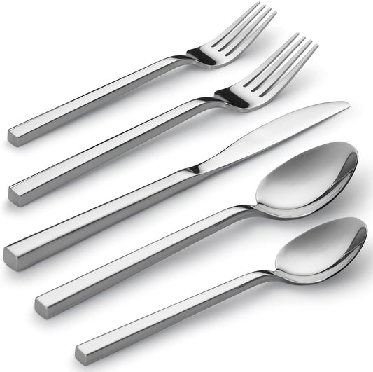 Alata Cube 60-Piece Forged Stainless Steel Flatware Set Cutlery Set, Silverware Set Service for 12, Mirror Finish, Dishwasher Safe