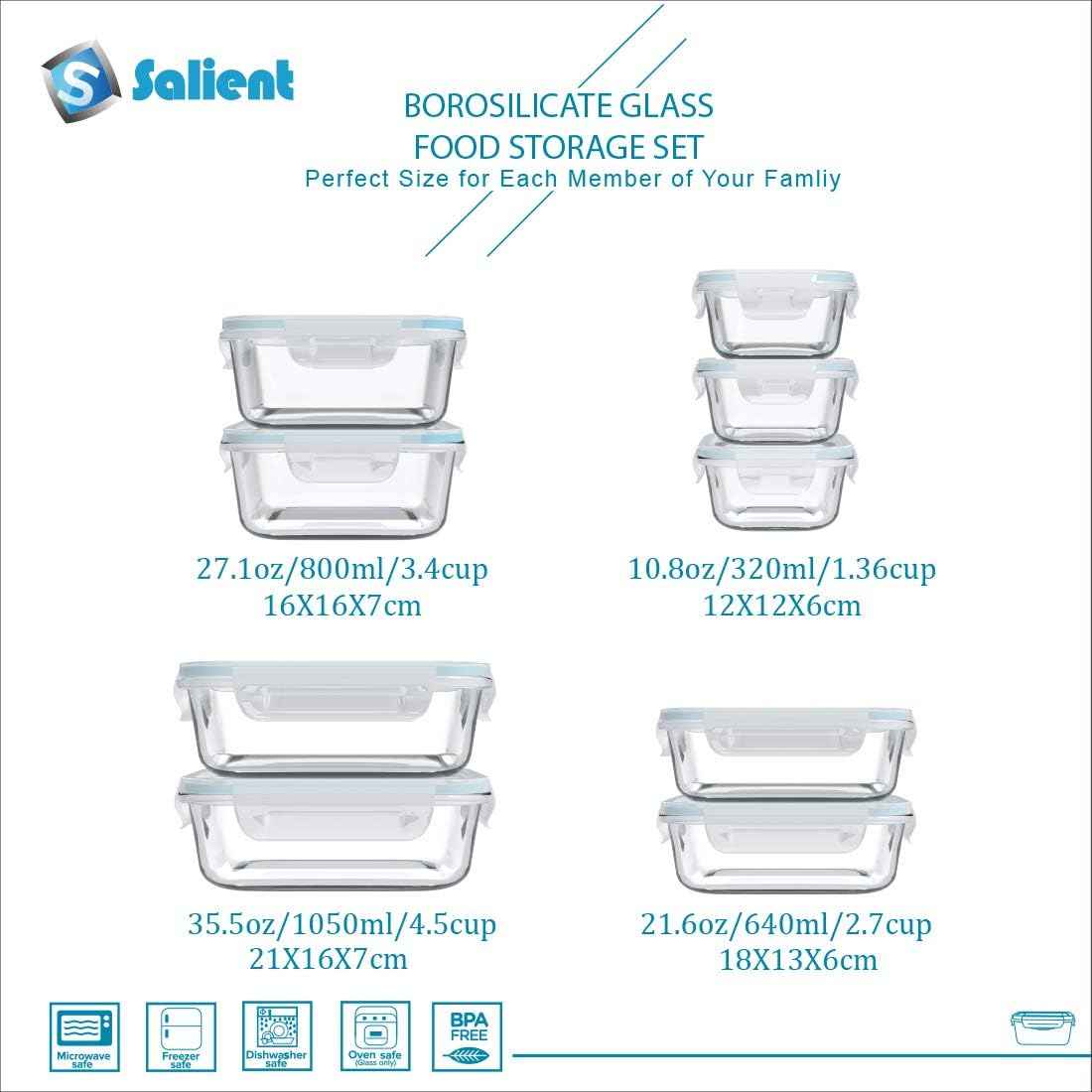 S SALIENT 18 Piece Glass Food Storage Containers with Lids, Glass Meal Prep Containers, food storage Containers for Food Storage, BPA Free & Leak Proof (9 lids & 9 Containers)