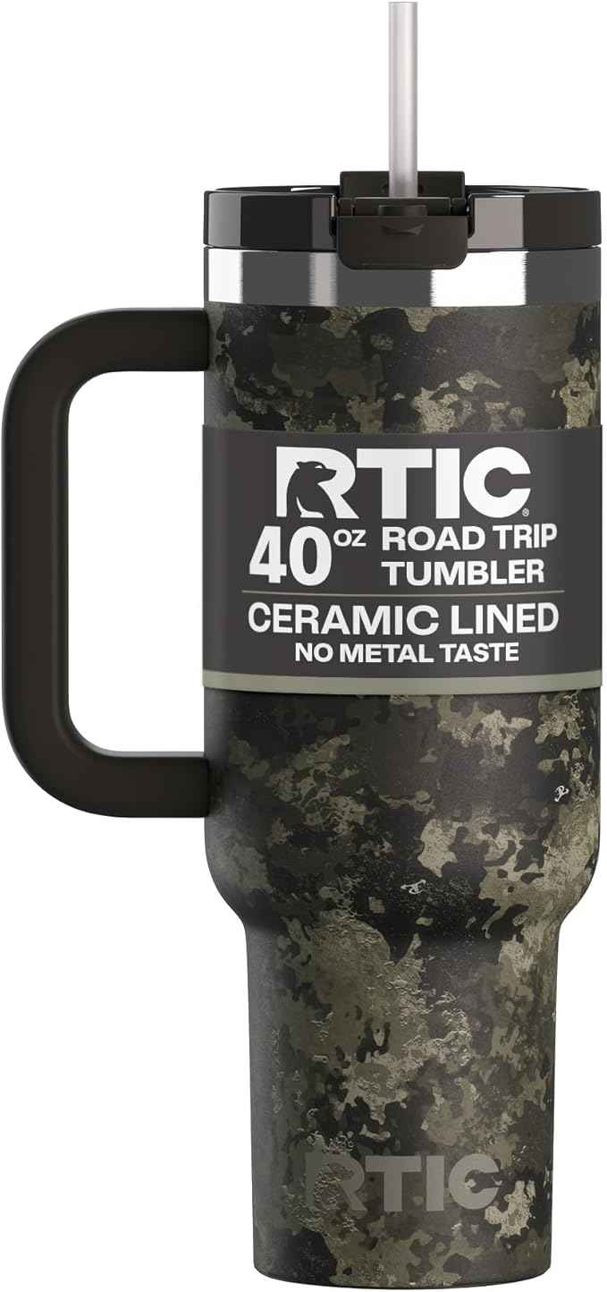RTIC 40 oz Road Trip Tumbler Double-Walled Cermaic Lined Insulated Stainless Steel Portable Travel Coffee Mug Cup with Lid, Handle and Straw, Olive Midnight Camo