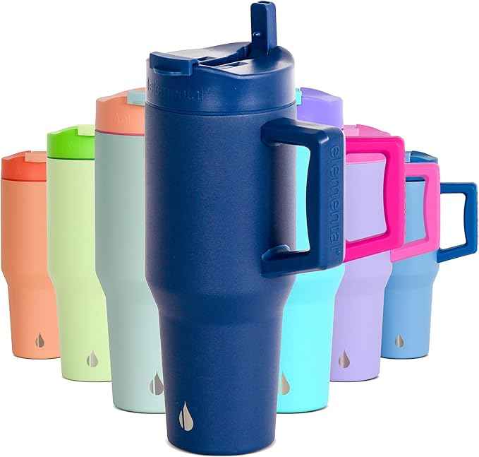 Elemental 32 oz 100% Leak Proof Tumbler with Handle & Straw - Stainless Steel Double Wall Insulated Tumbler for Hot and Cold Beverages - Travel Coffee Mug with Sip & Straw Lid - Navy