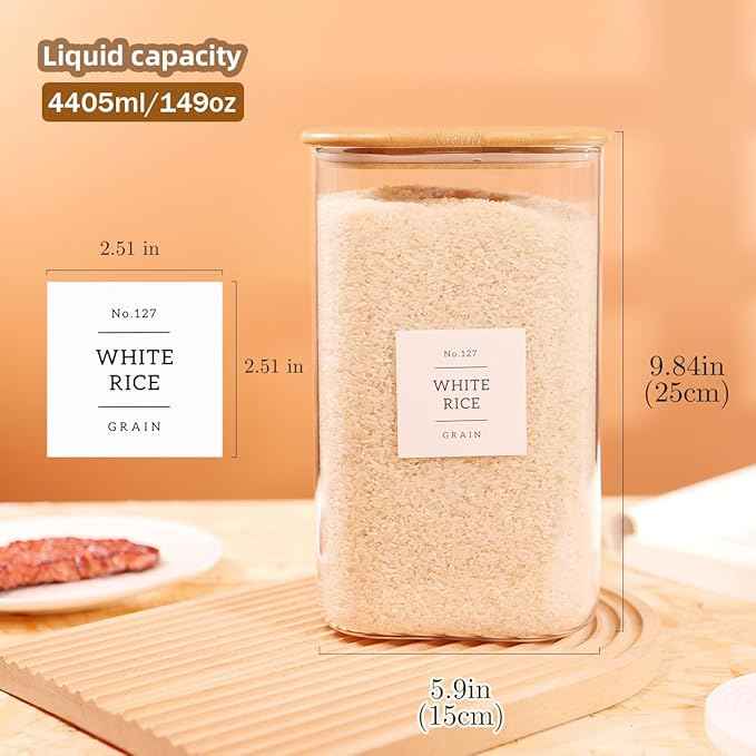 CZZGSM 2 Pack Square Glass Flour and Sugar Containers with 132 Kitchen Pantry Labels - Thicken 149 FL OZ Large Glass Storage Jars with Airtight Bamboo Lid - Big Food Canisters for Rice, Pasta, Cookie
