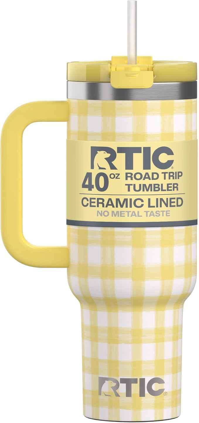 RTIC 40 oz Road Trip Tumbler Double-Walled Cermaic Lined Insulated Stainless Steel Portable Travel Coffee Mug Cup with Lid, Handle and Straw, Sunlight Gingham