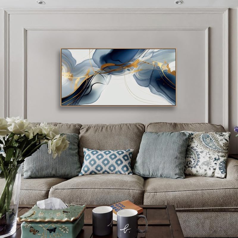 HUADAOART Wall Art Abstract Painting Modern Art Gold and Blue Background Canvas Prints Pictures for Living Room Bedroom Artwork Home Decor Framed 20x40inch (Blue)