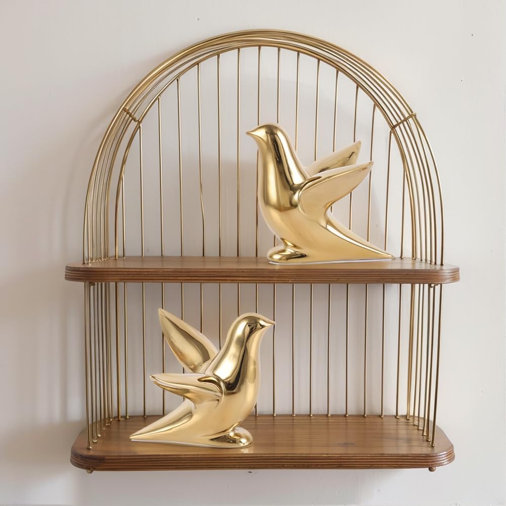 Gold Decor Accents – Modern Gold Ceramic Bird Figurine, 5.1in Decorative Bird Statue for Shelf, Table or Bathroom, Small Animal Sculpture Gift for Bird Lovers, Bird Room Decor