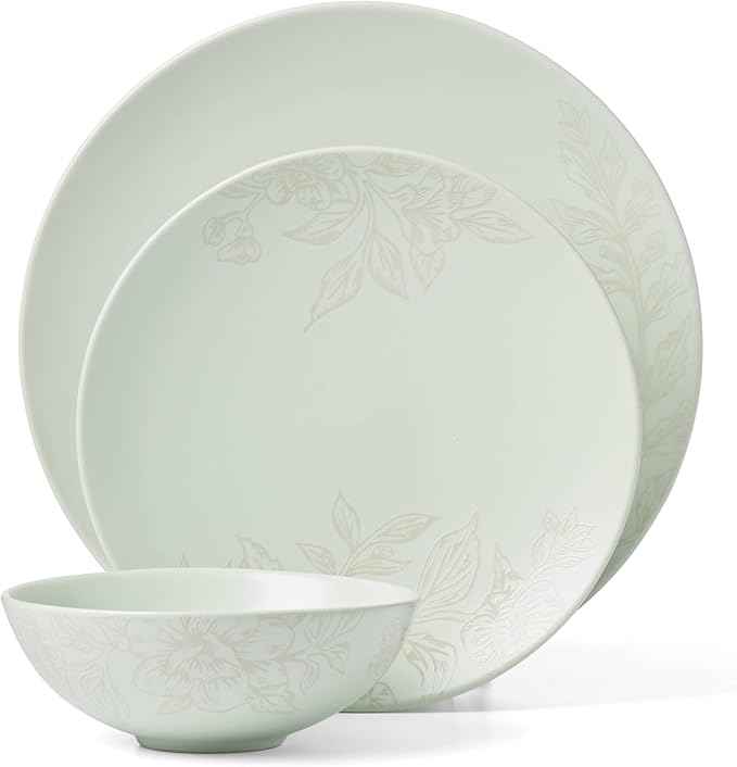 Oneida 897395 Roseto 12-Piece Dinnerware Set, Soft Sage
