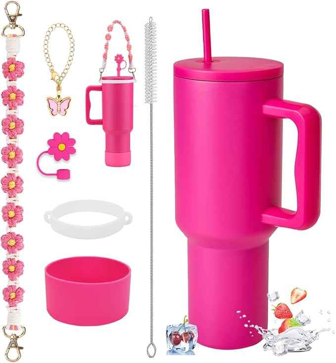40 oz Tumbler with Handle and Straw & 6PCS Cup Accessories for 40 oz Cup - Vacuum Insulated Stainless Steel Double Wall Water Bottle Travel Coffee Mug - Holiday Gifts for Women Men (Raspberry Vibes)
