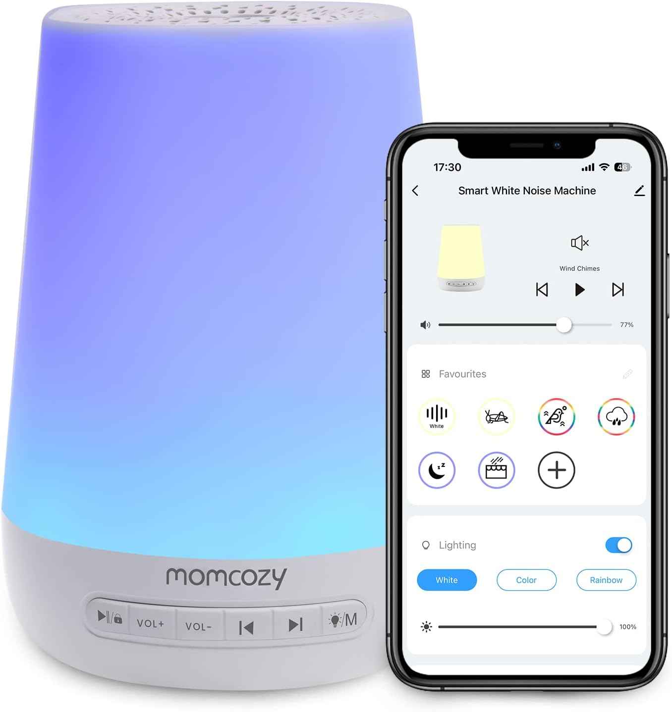 Baby Sound Machine, Momcozy White Noise Machine for Baby Sleeping with Night Light, Toddler Sleep Trainer 34 Soothing Sleep Sounds, Timer, App Remote Control, Personal Sleep Routine Alarm Clock(Blue)