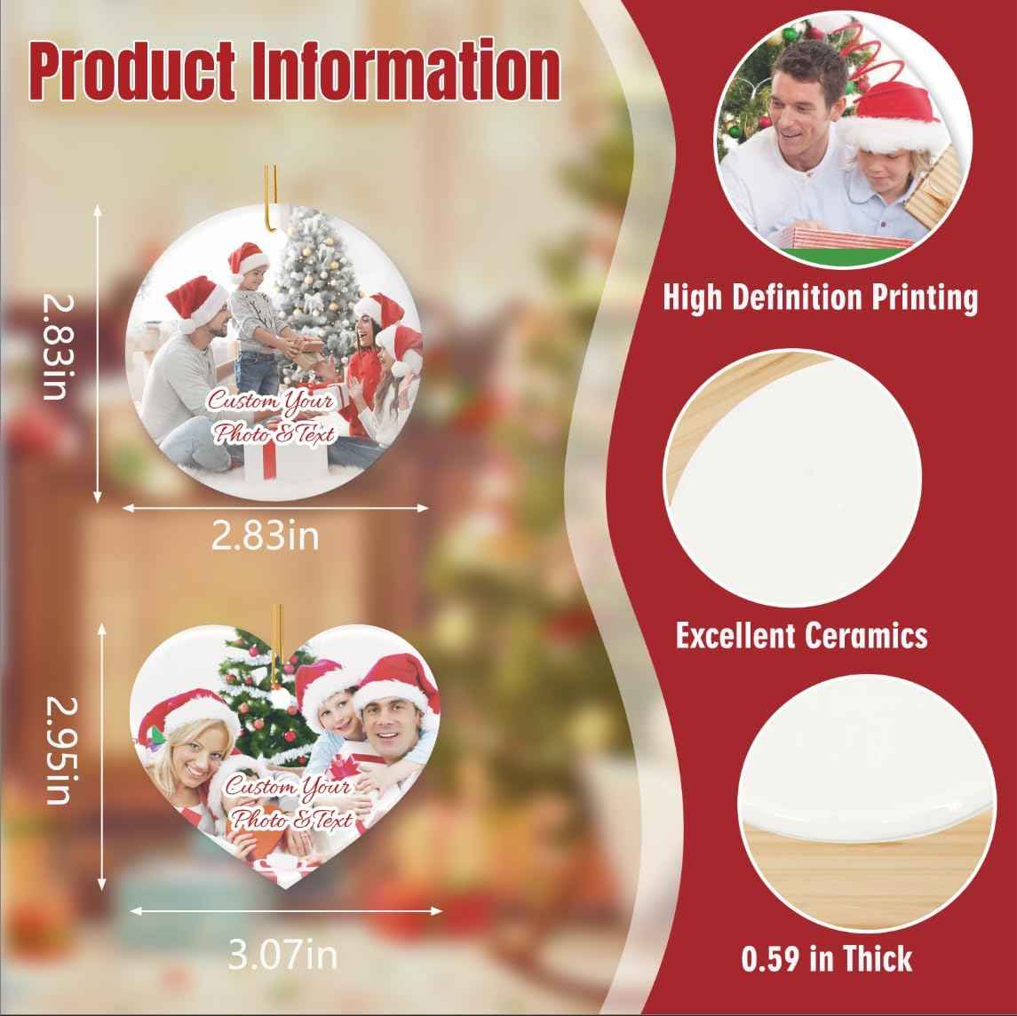 Personalized Christmas Ornaments 2025 - Custom Christmas Ornament with Photo Text,Hanging Ornaments Memorial Gift for Friends Family Women of Christmas Tree Wedding Anniversary(Ceramics, Round)