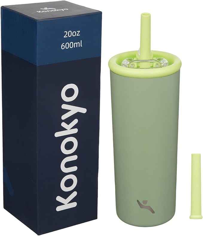 Konokyo 20oz Insulated Tumbler with Lid and Straw, Reusable Iced Coffee Cup with Lid, Travel Coffee Mug, BPA-Free, Leak-Proof and Durable, Bean Paste Green
