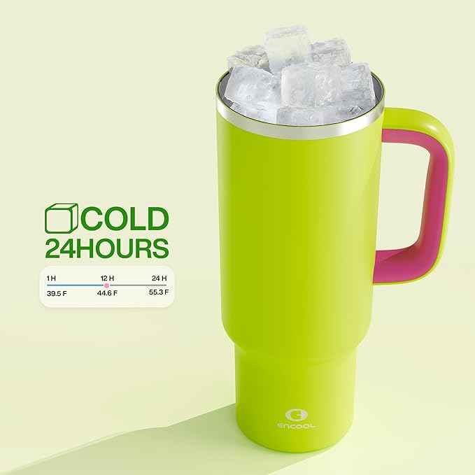 ENCOOL 40 oz Tumbler with Handle and Straw: Stainless Steel Insulated Tumbler Keeps Cold for 24 Hours, Leakproof Travel Cup Fits in Cup Holder and BPA-Free,Acid Green